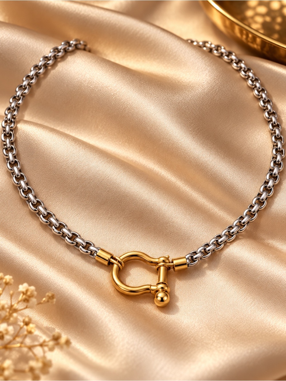 Two Tone Heart Clasp Chain Necklace Silver & Gold Statement Choker Jewelry